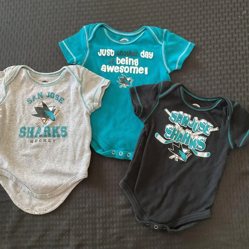 Lot of 3 San Jose‎ Sharks Bodysuit Shirts Boys 9-12 Months NHL Hockey One-piece
